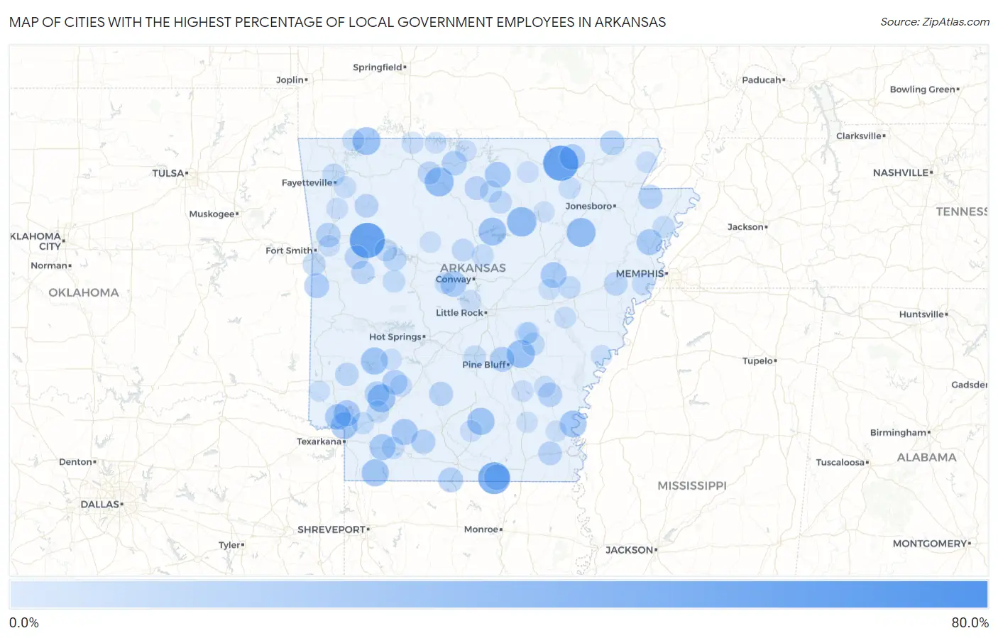 Cities with the Highest Percentage of Local Government Employees in Arkansas Map
