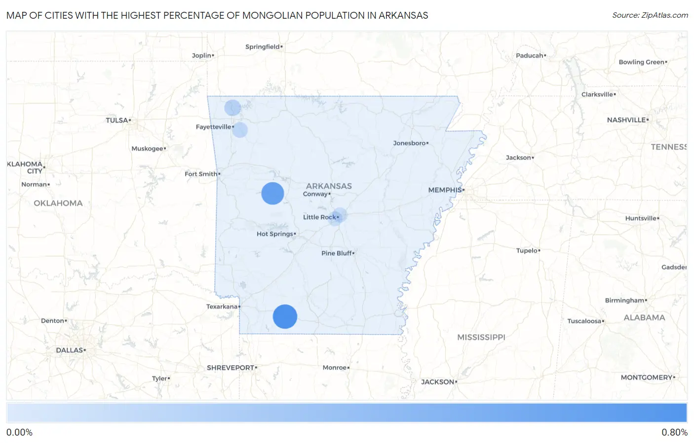 Cities with the Highest Percentage of Mongolian Population in Arkansas Map