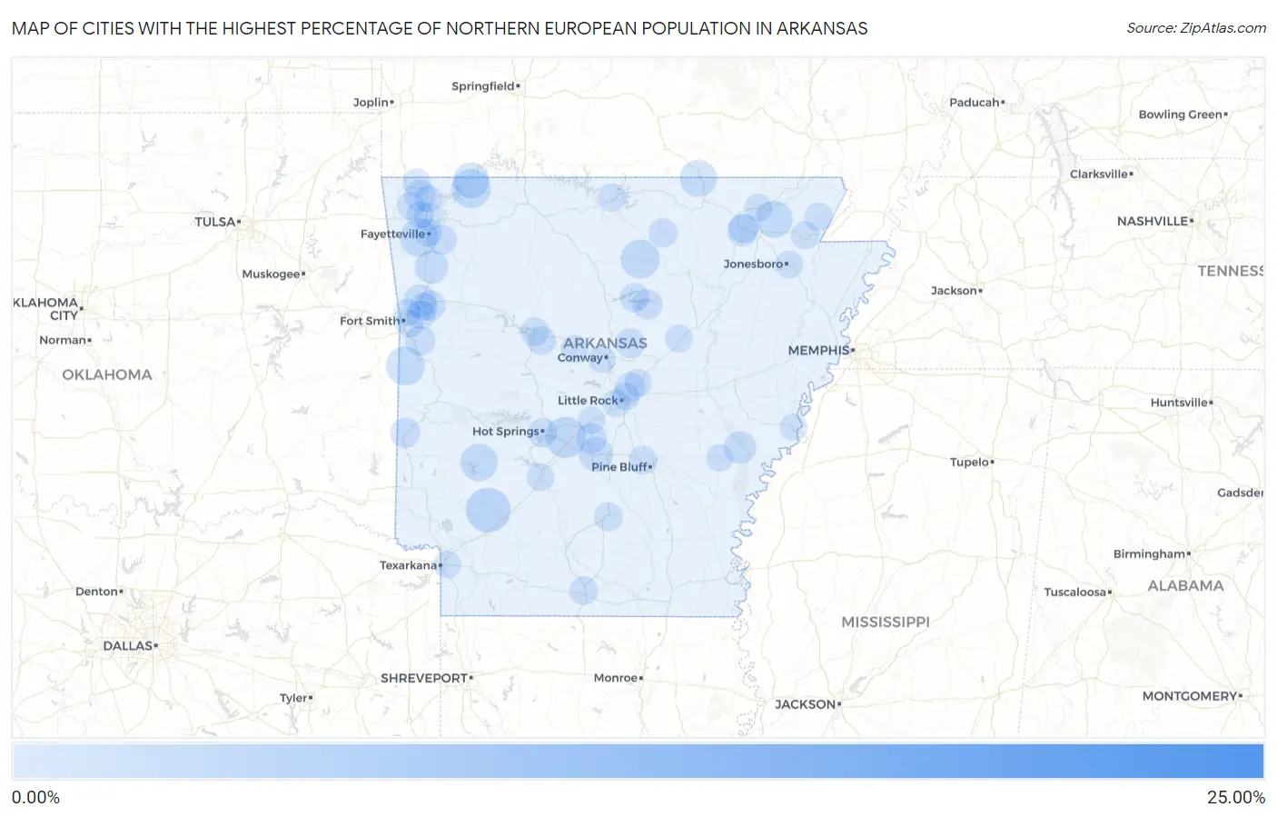 Cities with the Highest Percentage of Northern European Population in Arkansas Map