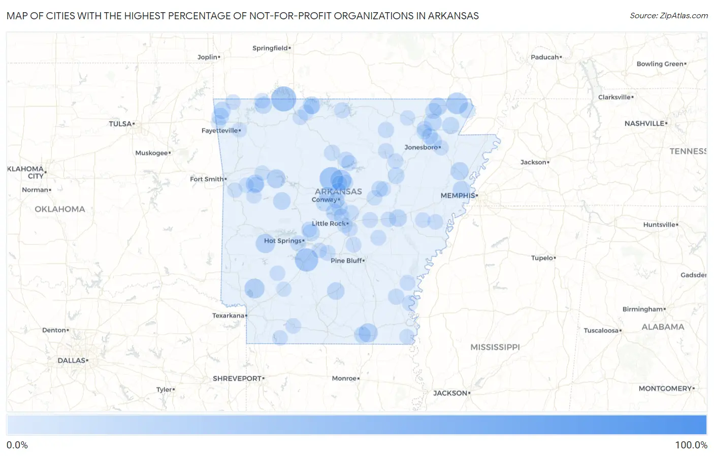 Cities with the Highest Percentage of Not-for-profit Organizations in Arkansas Map