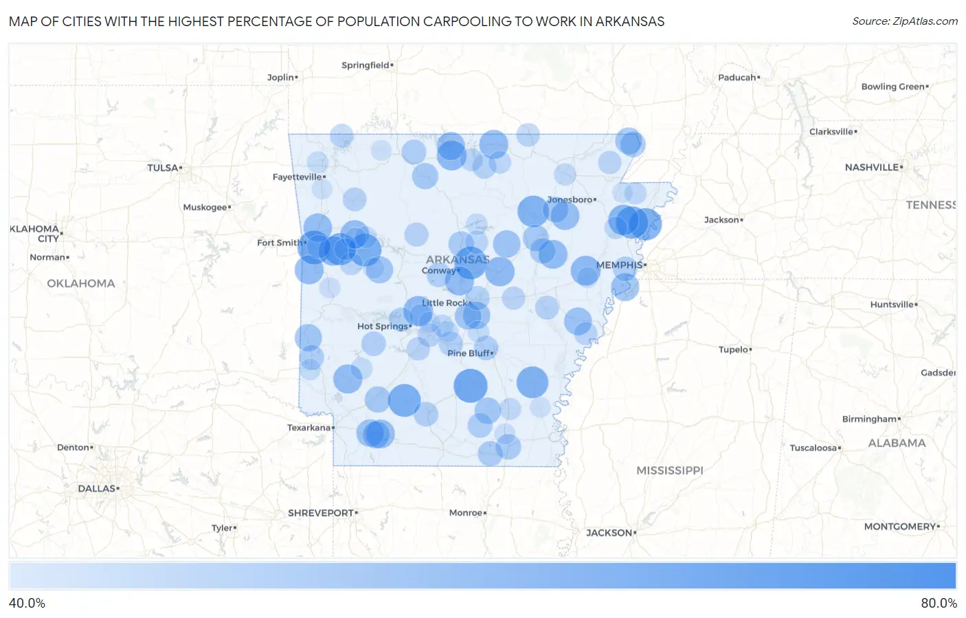 Cities with the Highest Percentage of Population Carpooling to Work in Arkansas Map