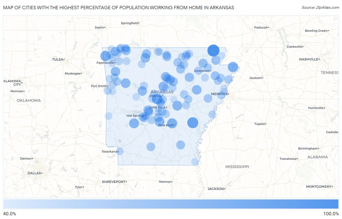 Cities with the Highest Percentage of Population Working from Home in Arkansas Map