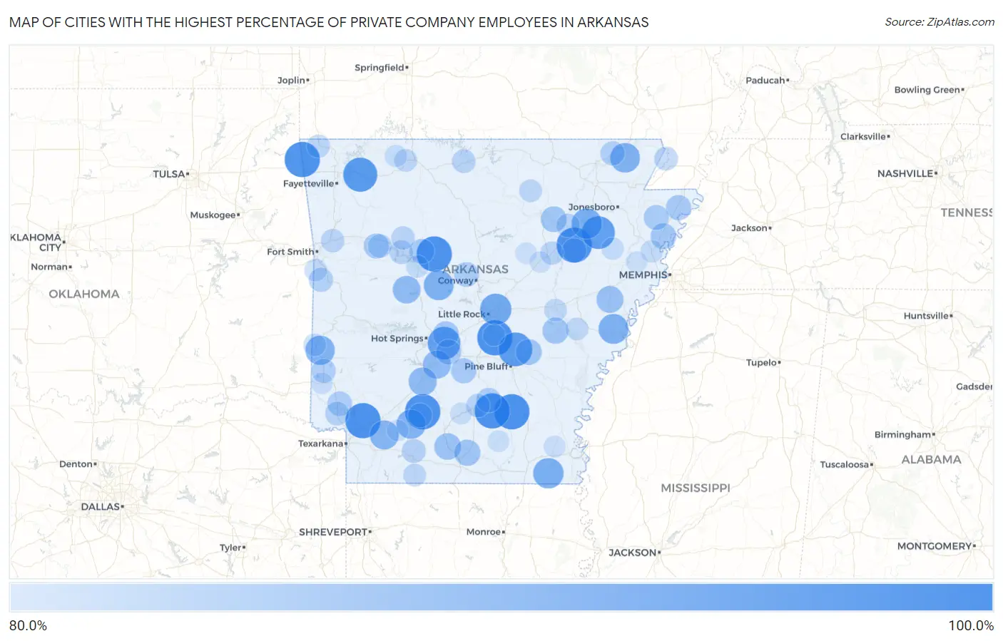 Cities with the Highest Percentage of Private Company Employees in Arkansas Map