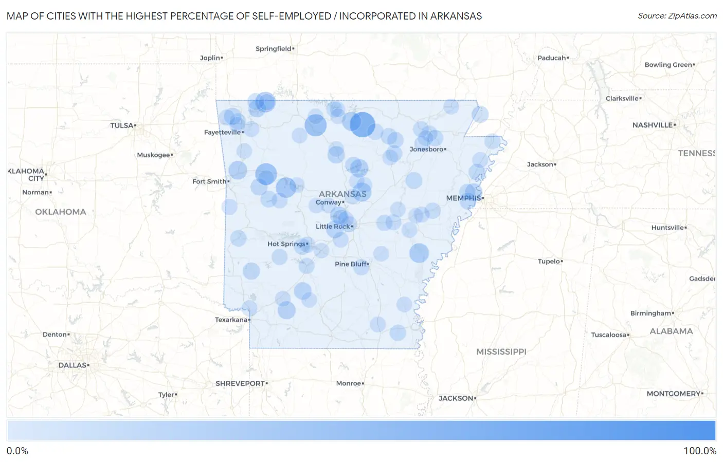 Cities with the Highest Percentage of Self-Employed / Incorporated in Arkansas Map
