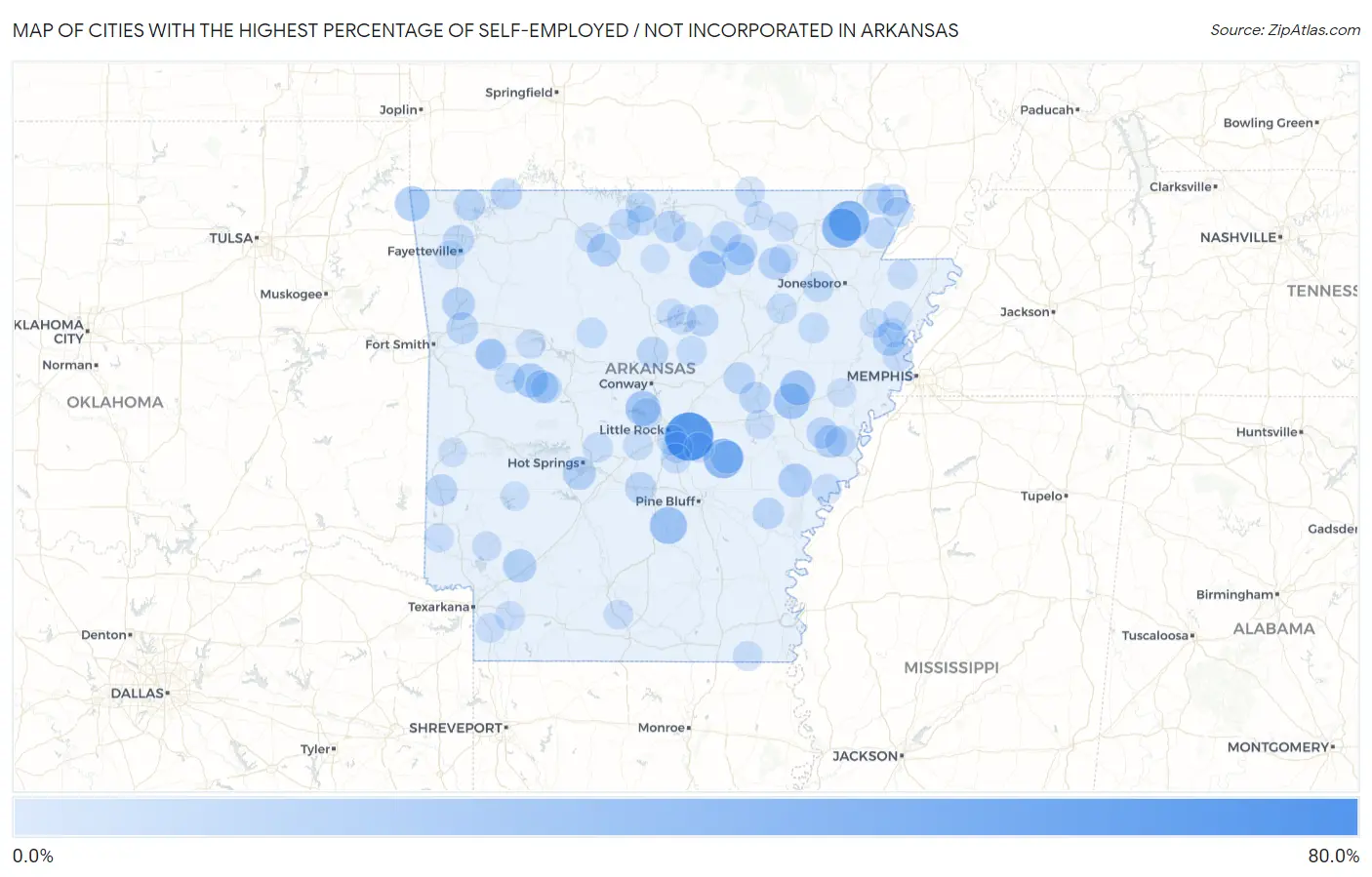 Cities with the Highest Percentage of Self-Employed / Not Incorporated in Arkansas Map