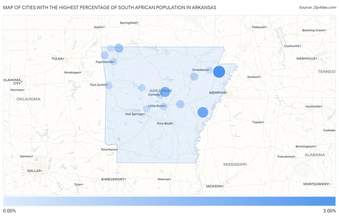Cities with the Highest Percentage of South African Population in Arkansas Map