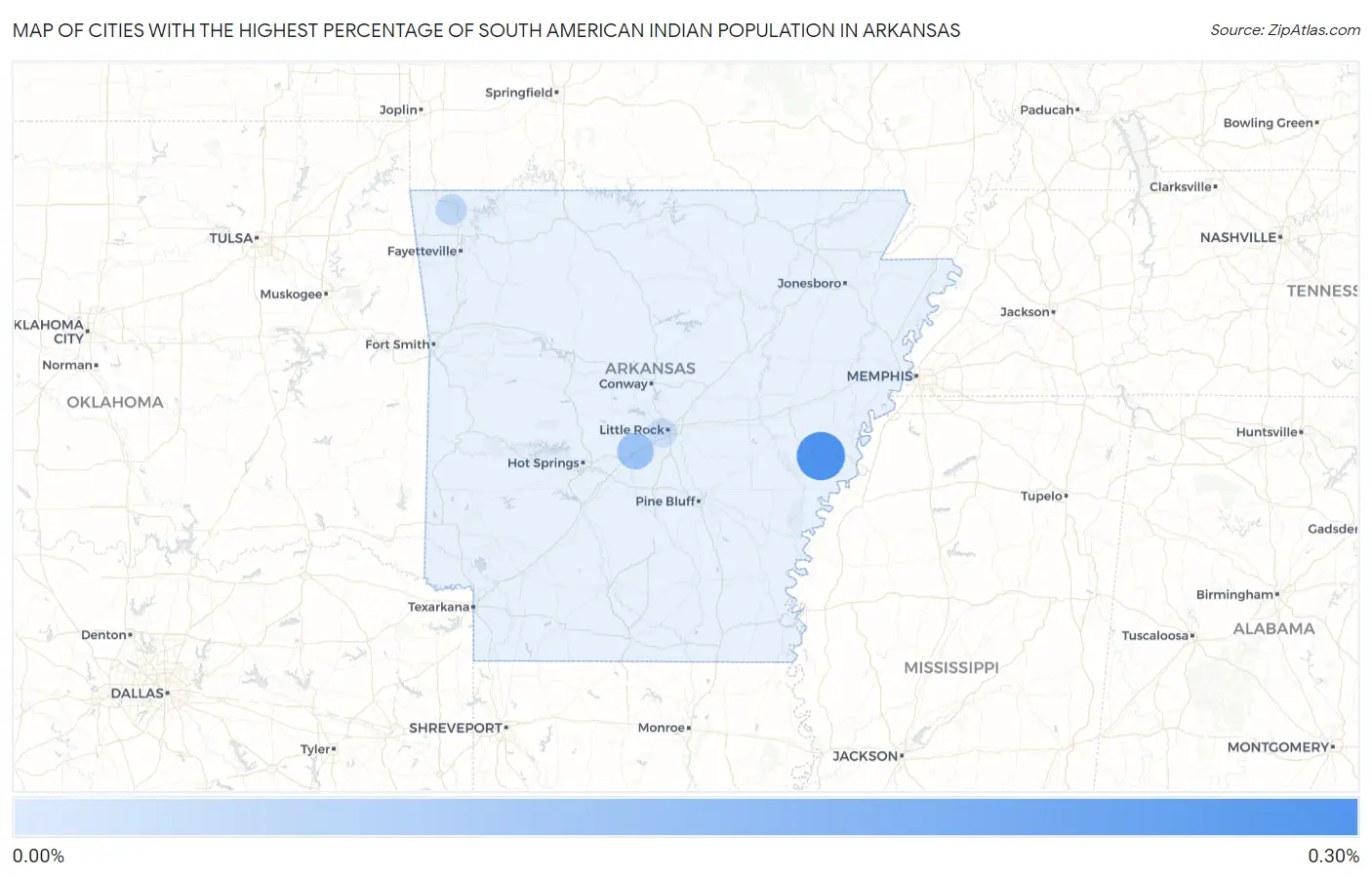 Cities with the Highest Percentage of South American Indian Population in Arkansas Map