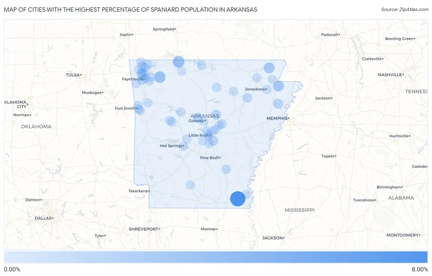 Cities with the Highest Percentage of Spaniard Population in Arkansas Map