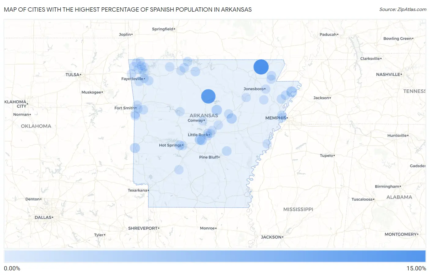 Cities with the Highest Percentage of Spanish Population in Arkansas Map