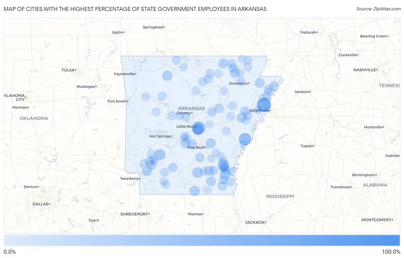 Cities with the Highest Percentage of State Government Employees in Arkansas Map