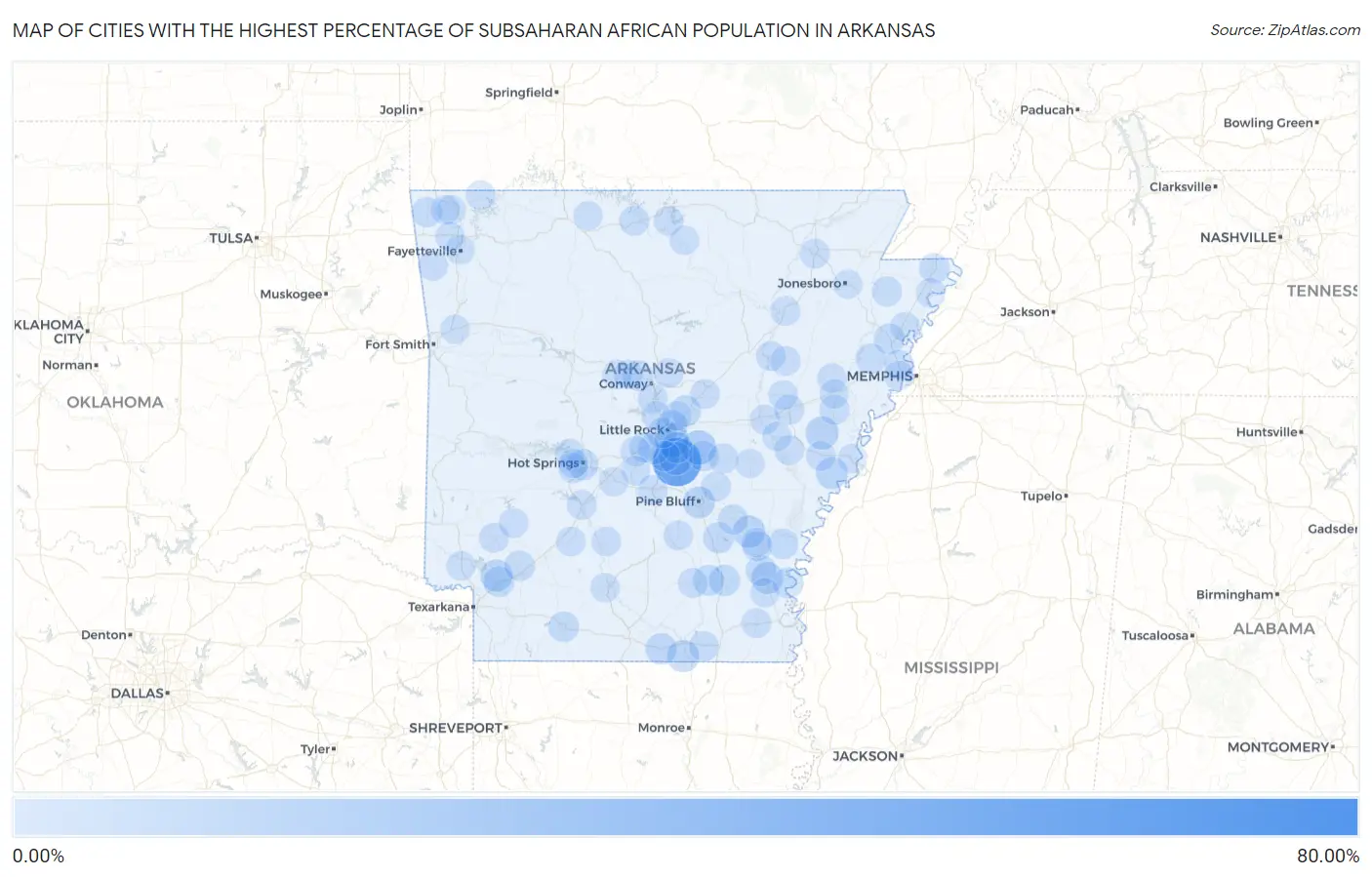 Cities with the Highest Percentage of Subsaharan African Population in Arkansas Map