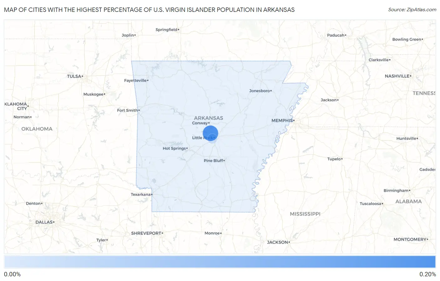 Cities with the Highest Percentage of U.S. Virgin Islander Population in Arkansas Map