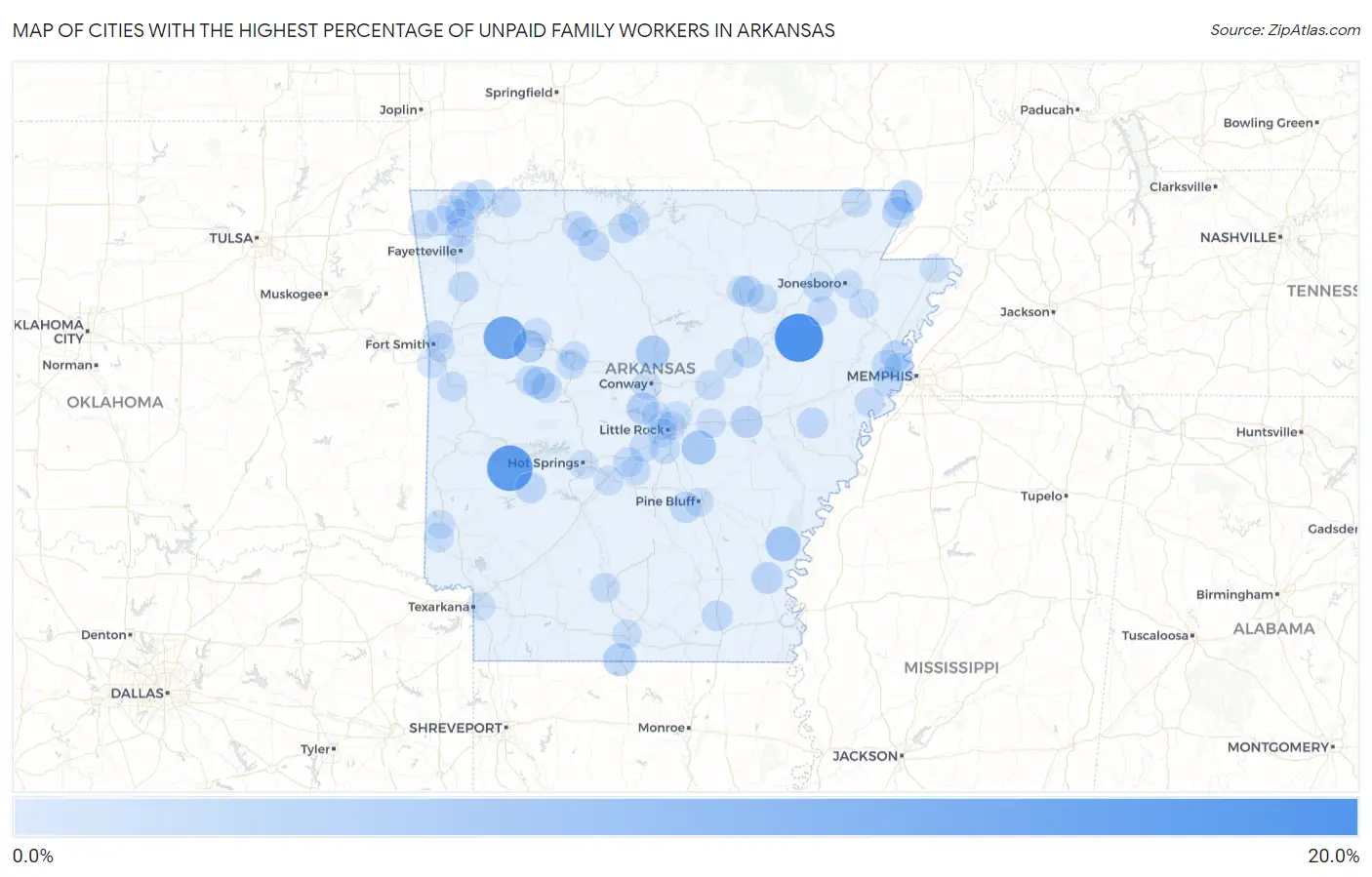 Cities with the Highest Percentage of Unpaid Family Workers in Arkansas Map