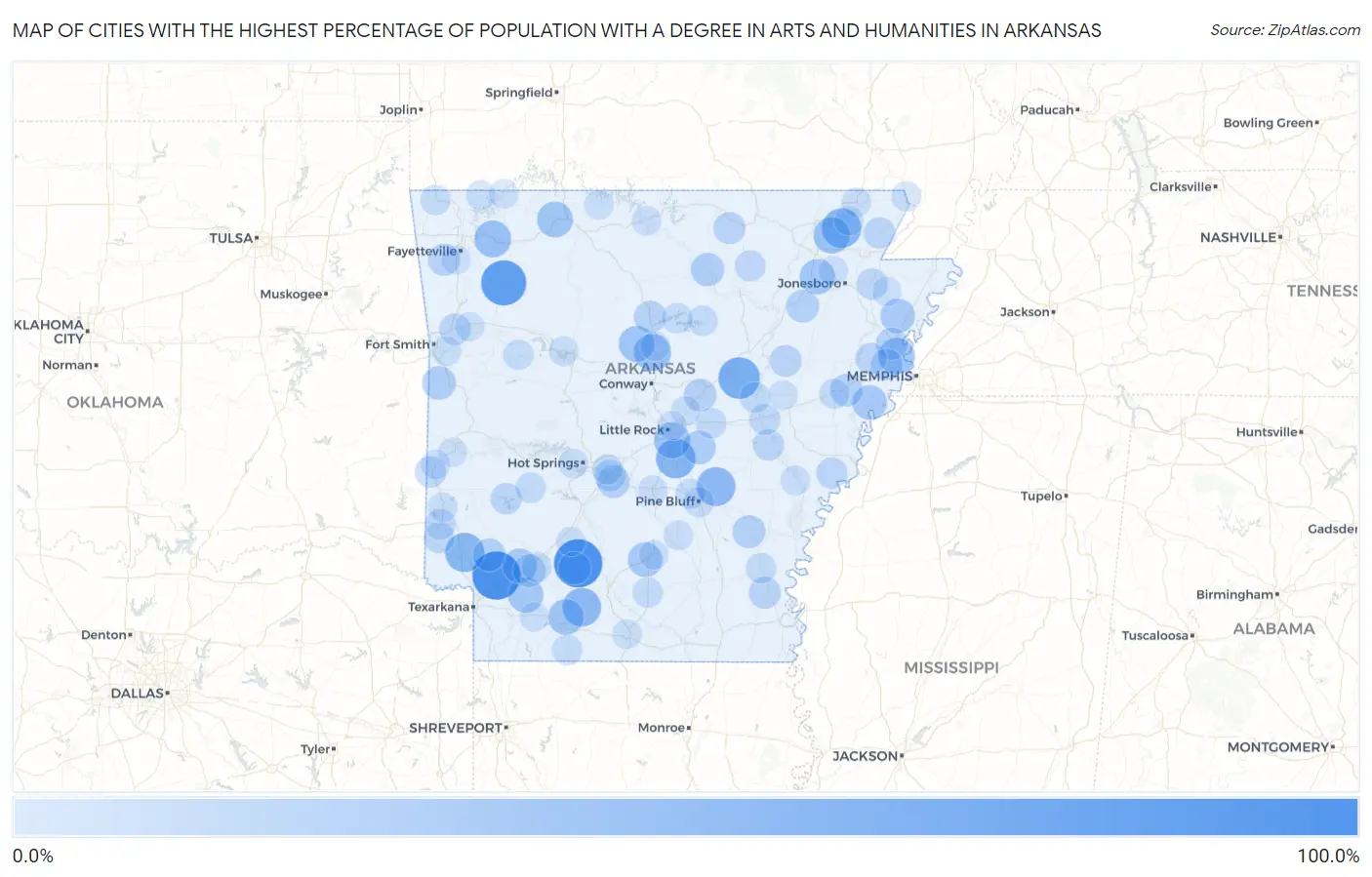 Cities with the Highest Percentage of Population with a Degree in Arts and Humanities in Arkansas Map
