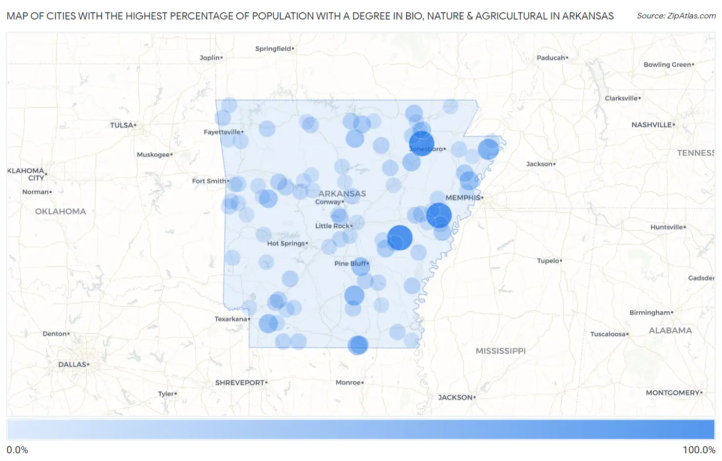 Cities with the Highest Percentage of Population with a Degree in Bio, Nature & Agricultural in Arkansas Map