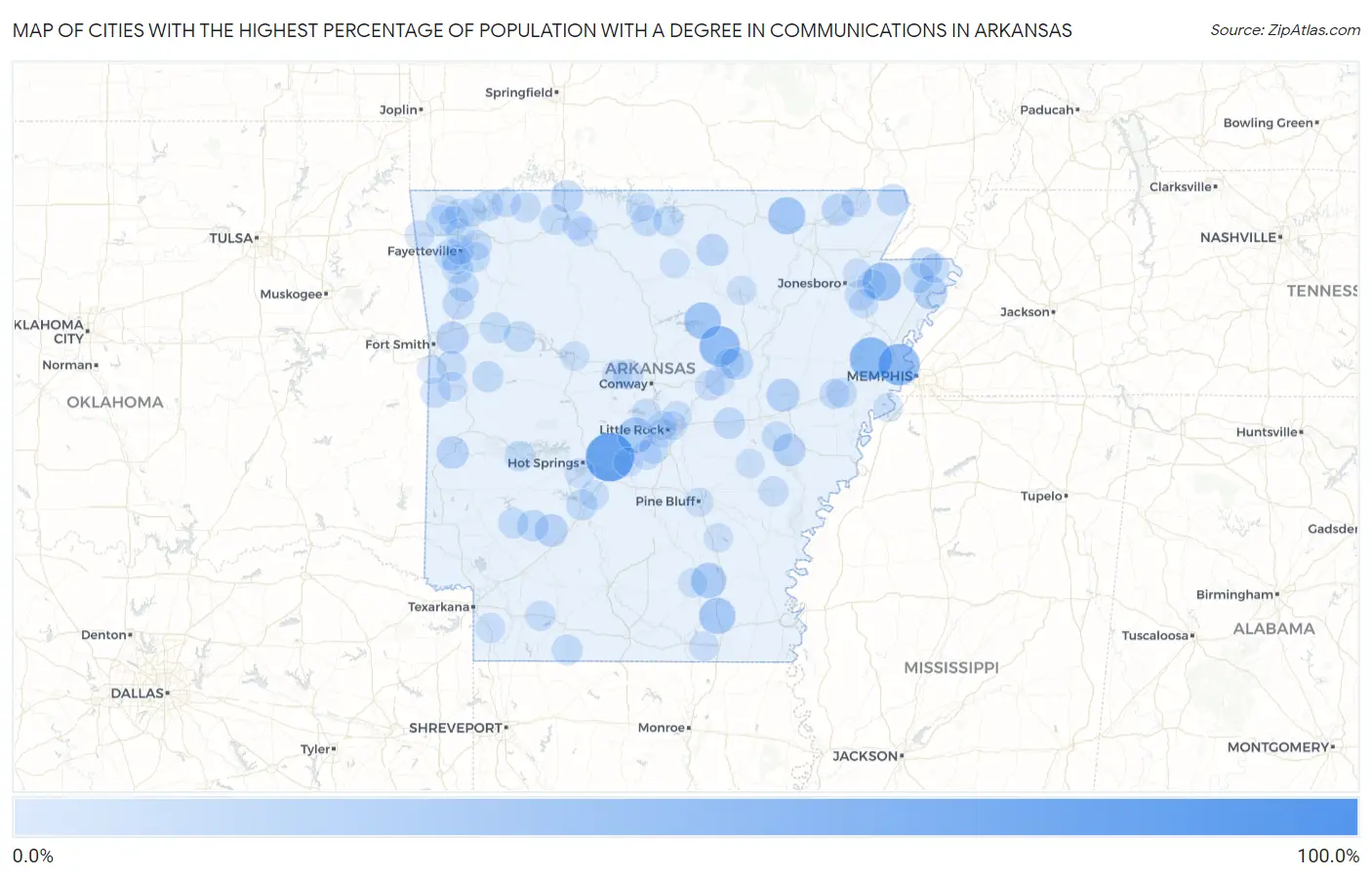 Cities with the Highest Percentage of Population with a Degree in Communications in Arkansas Map