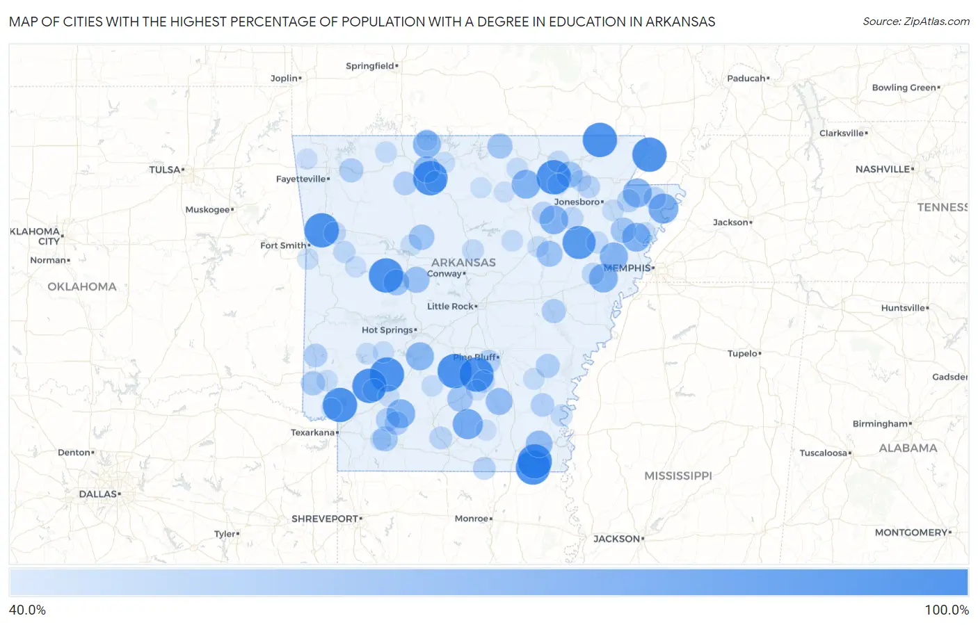 Cities with the Highest Percentage of Population with a Degree in Education in Arkansas Map