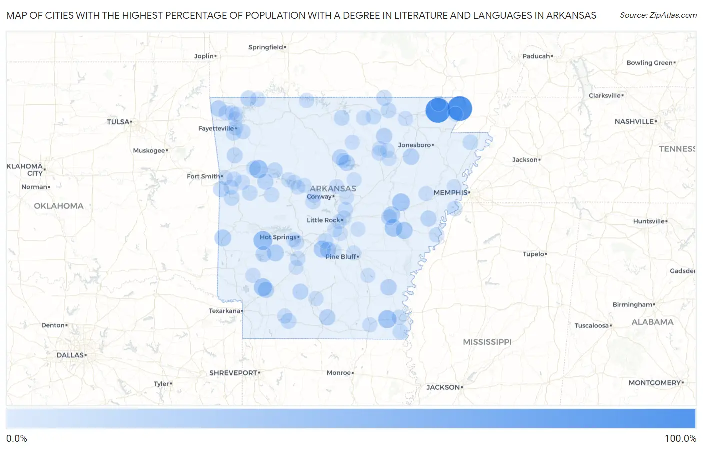 Cities with the Highest Percentage of Population with a Degree in Literature and Languages in Arkansas Map