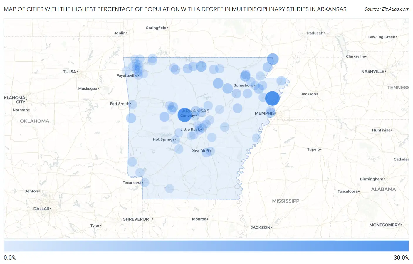 Cities with the Highest Percentage of Population with a Degree in Multidisciplinary Studies in Arkansas Map