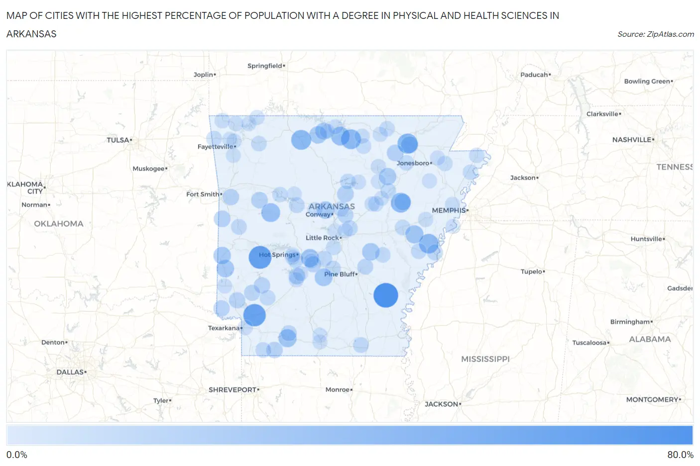 Cities with the Highest Percentage of Population with a Degree in Physical and Health Sciences in Arkansas Map