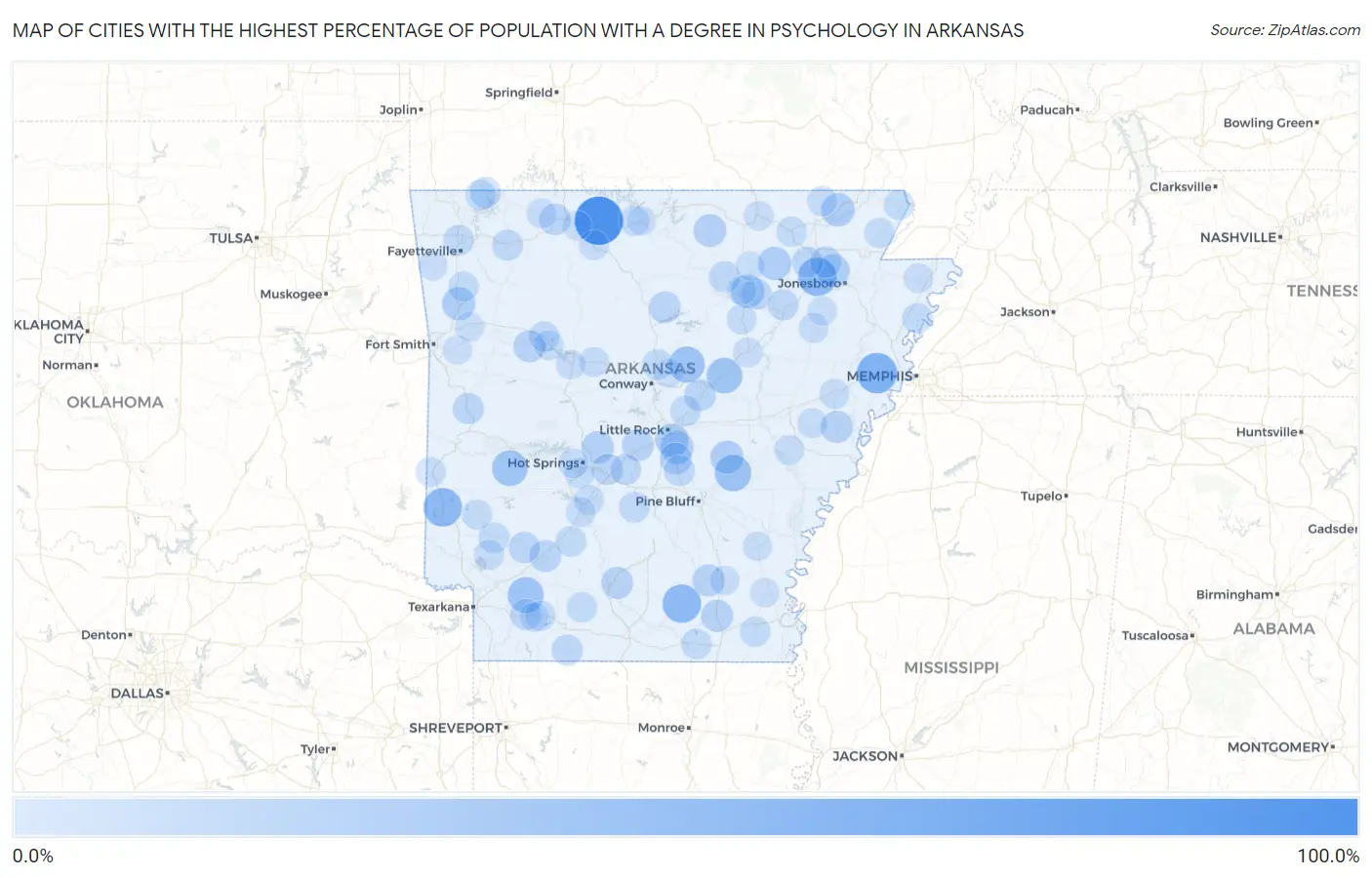 Cities with the Highest Percentage of Population with a Degree in Psychology in Arkansas Map