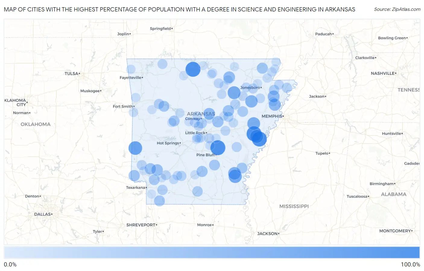 Cities with the Highest Percentage of Population with a Degree in Science and Engineering in Arkansas Map