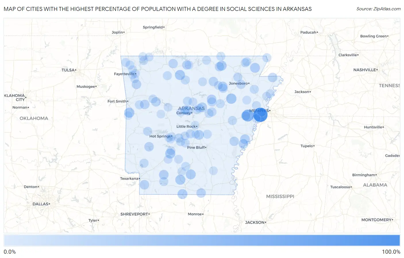 Cities with the Highest Percentage of Population with a Degree in Social Sciences in Arkansas Map