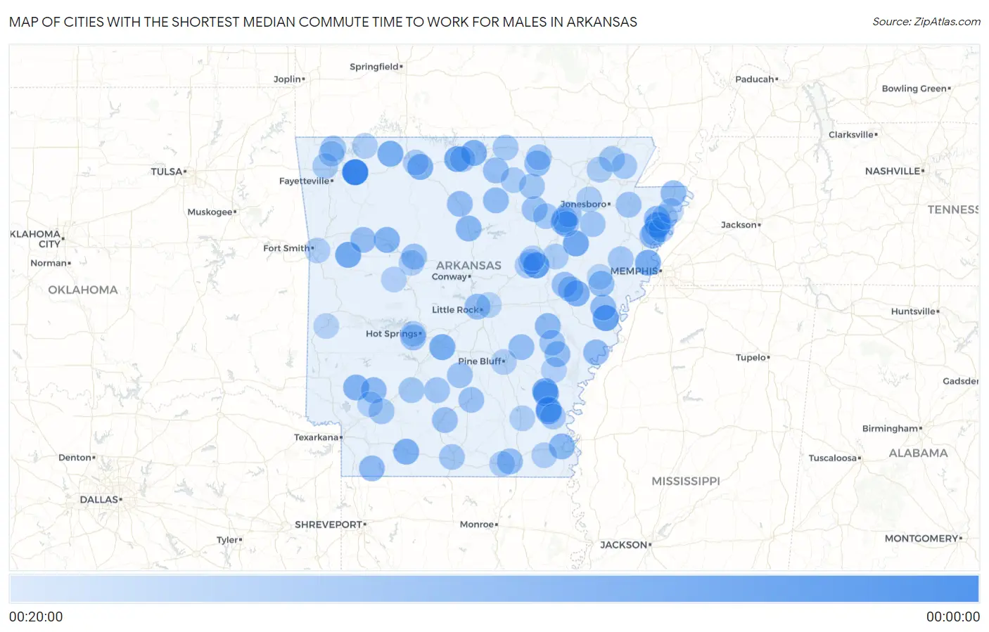 Cities with the Shortest Median Commute Time to Work for Males in Arkansas Map