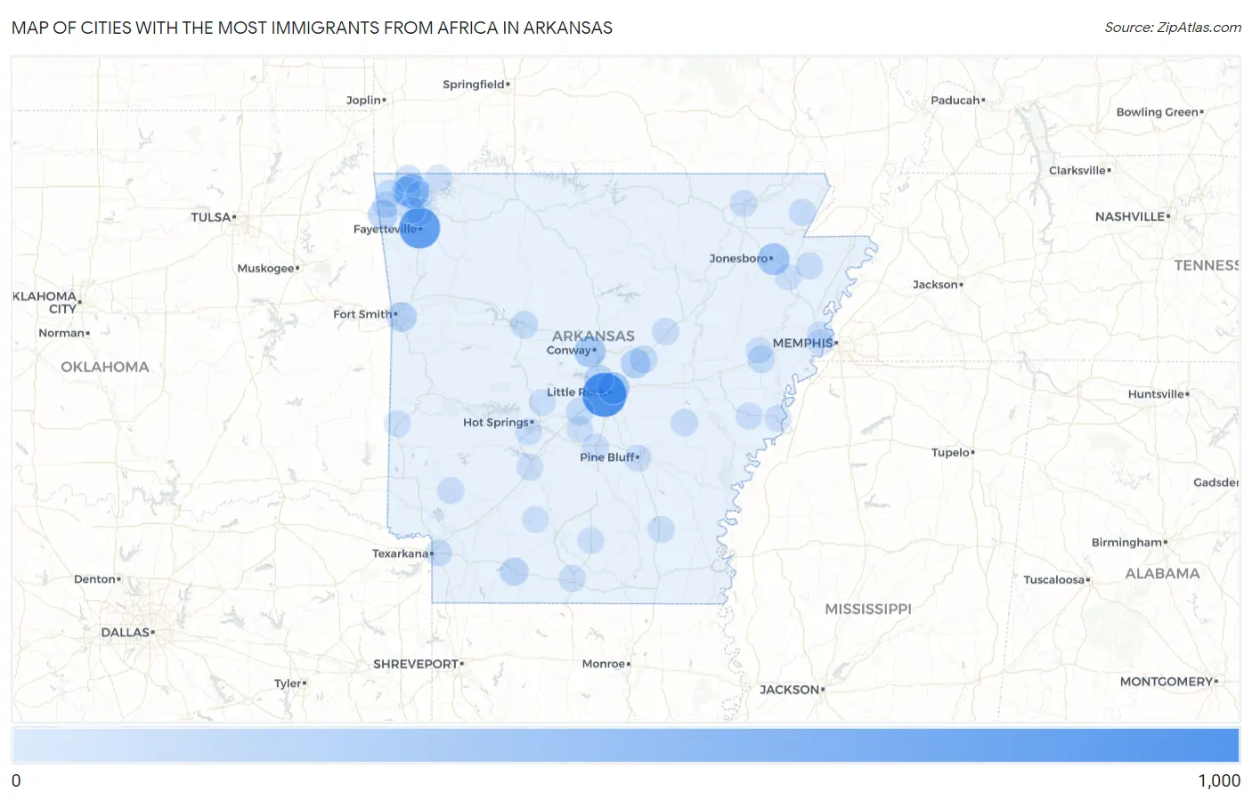 Cities with the Most Immigrants from Africa in Arkansas Map