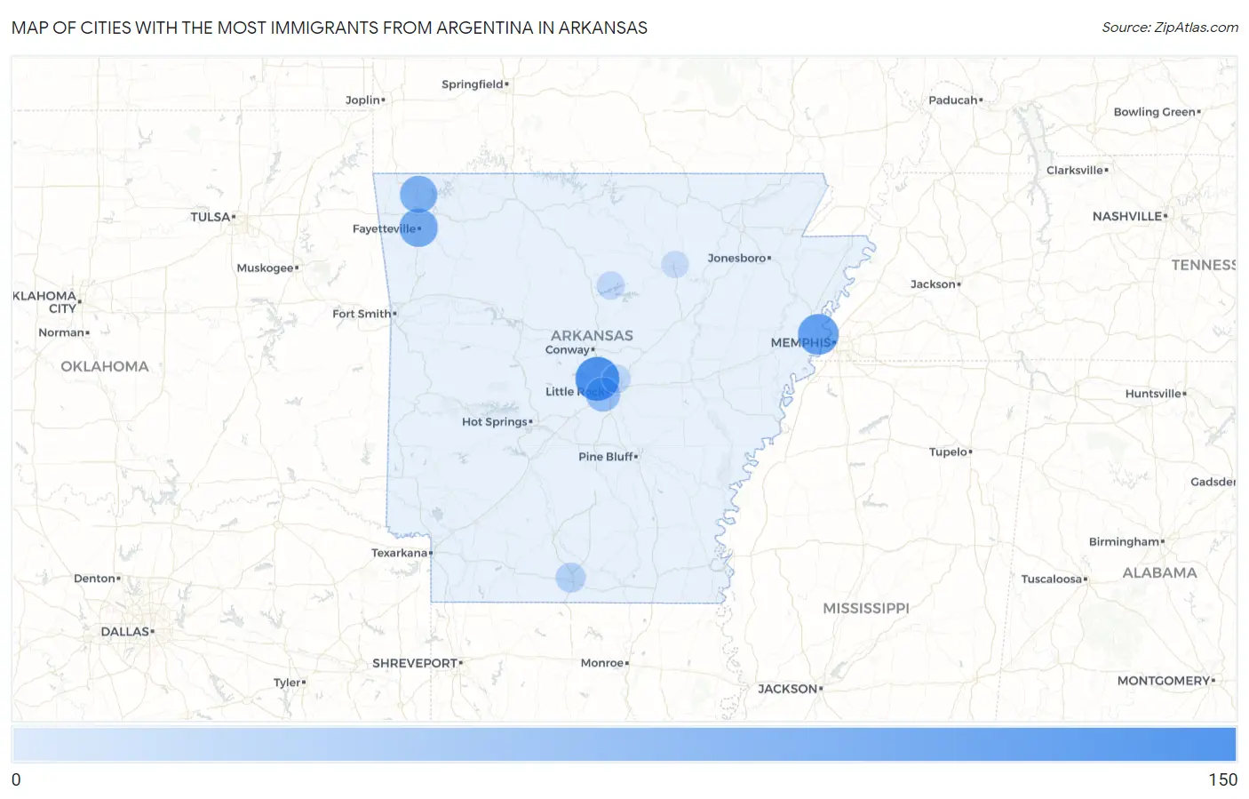 Cities with the Most Immigrants from Argentina in Arkansas Map