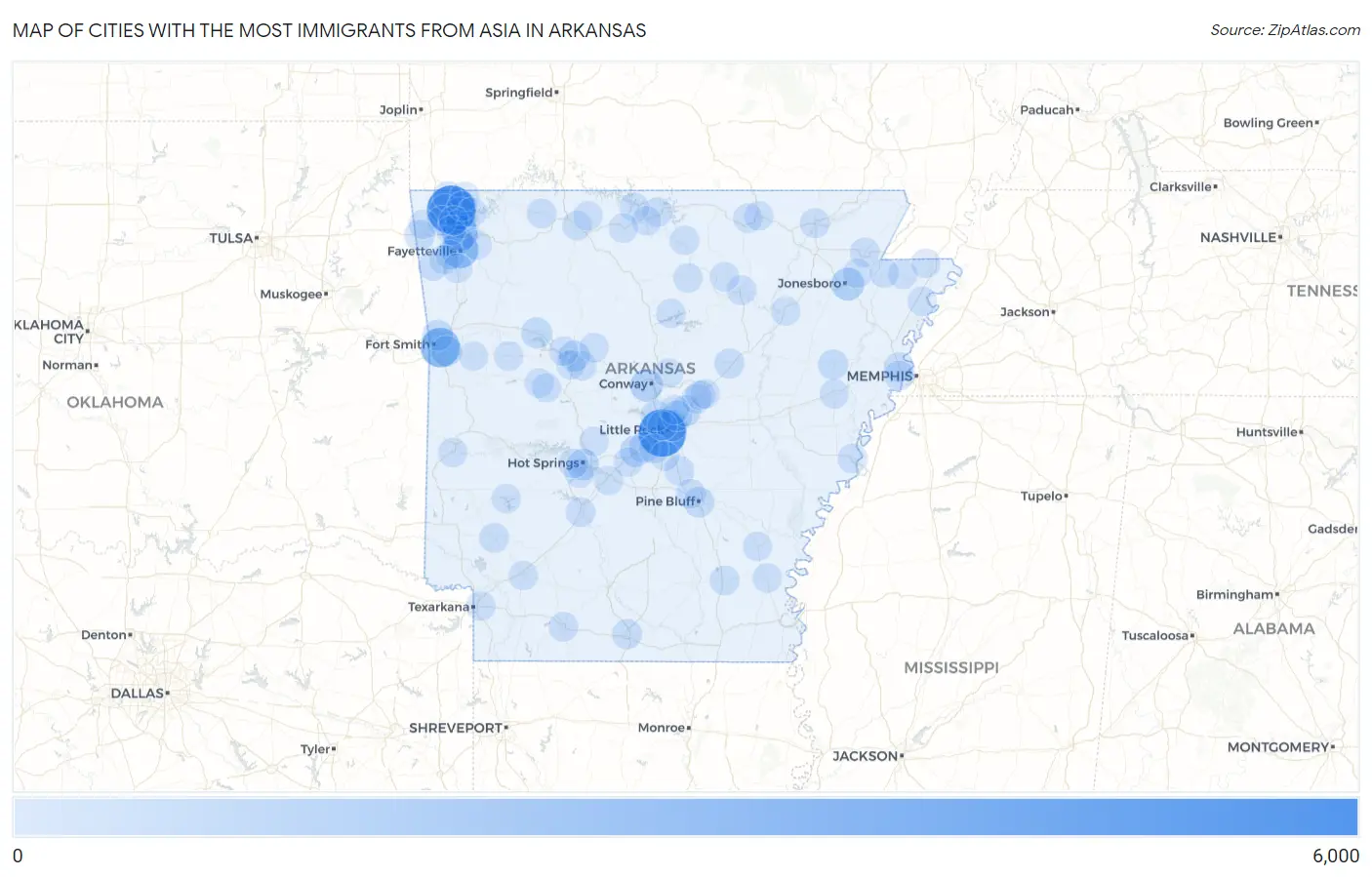 Cities with the Most Immigrants from Asia in Arkansas Map