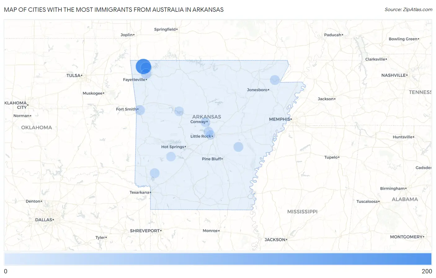 Cities with the Most Immigrants from Australia in Arkansas Map