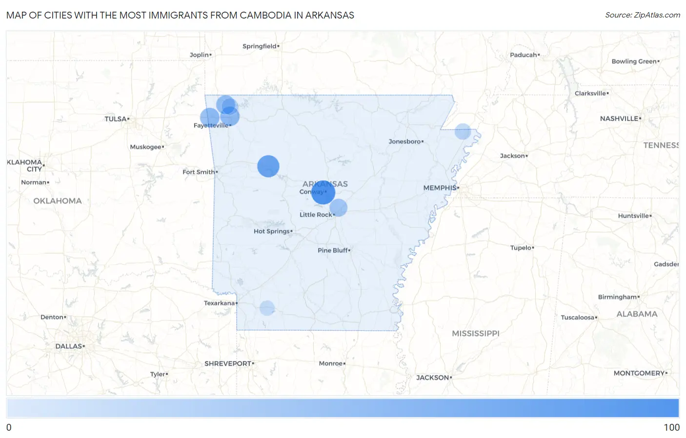 Cities with the Most Immigrants from Cambodia in Arkansas Map