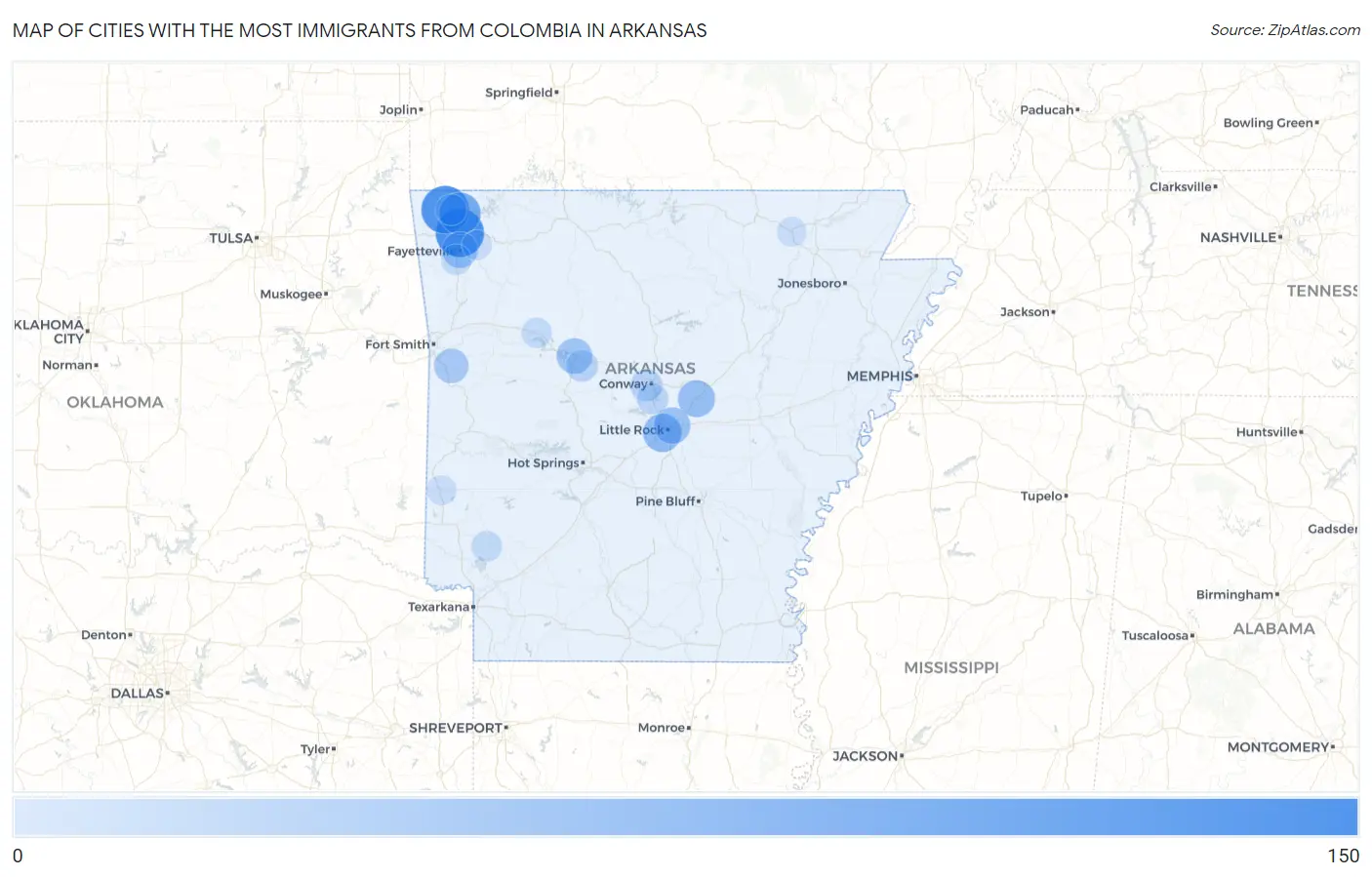 Cities with the Most Immigrants from Colombia in Arkansas Map