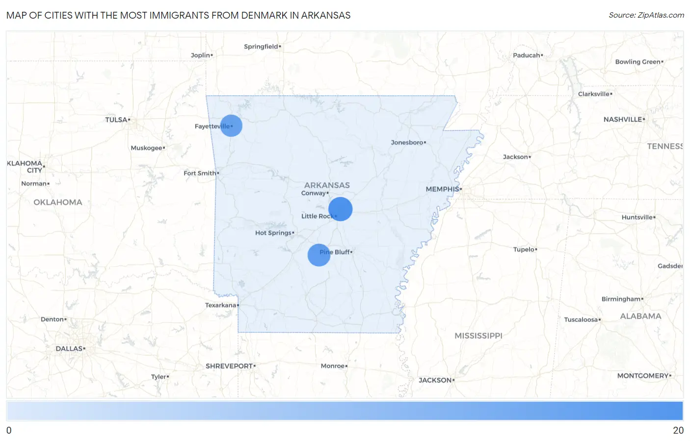 Cities with the Most Immigrants from Denmark in Arkansas Map