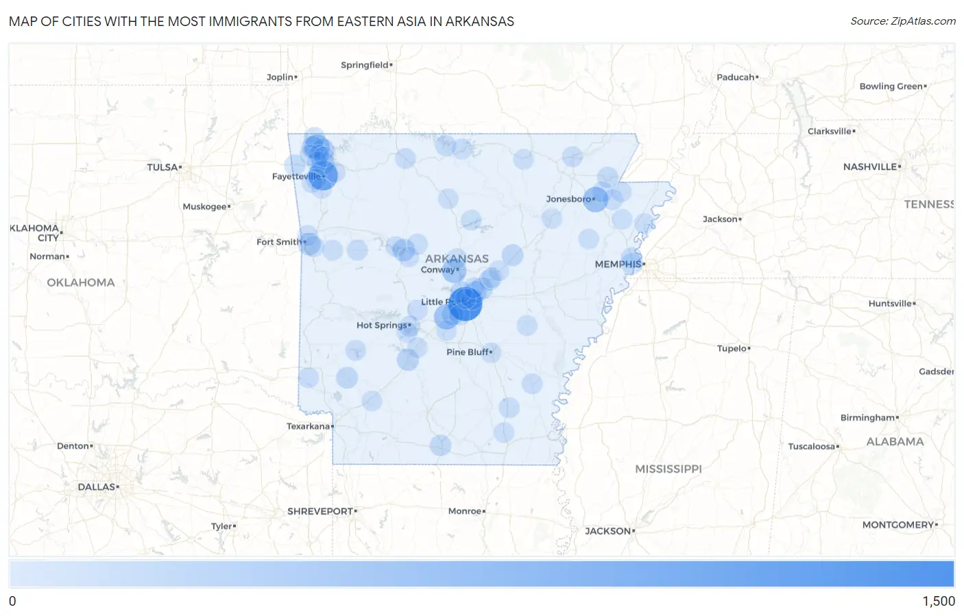 Cities with the Most Immigrants from Eastern Asia in Arkansas Map