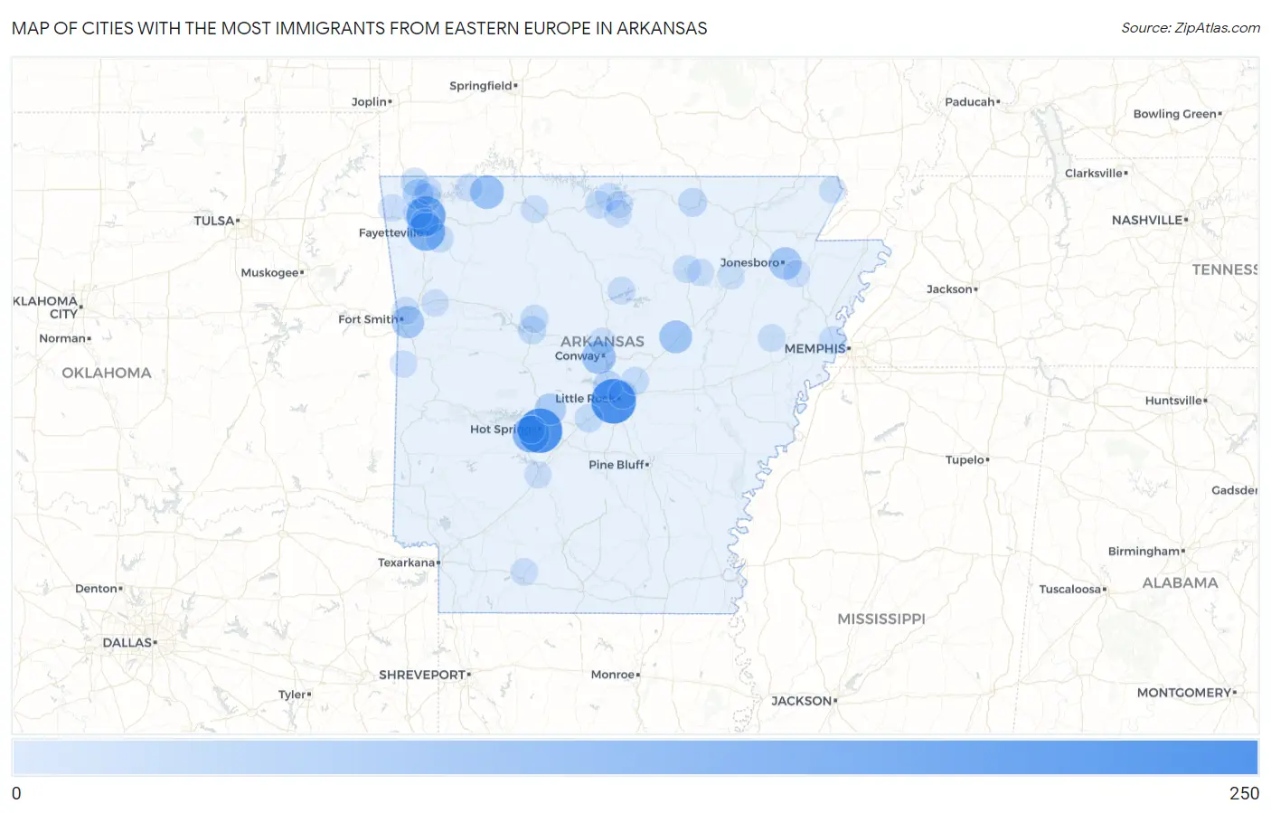 Cities with the Most Immigrants from Eastern Europe in Arkansas Map