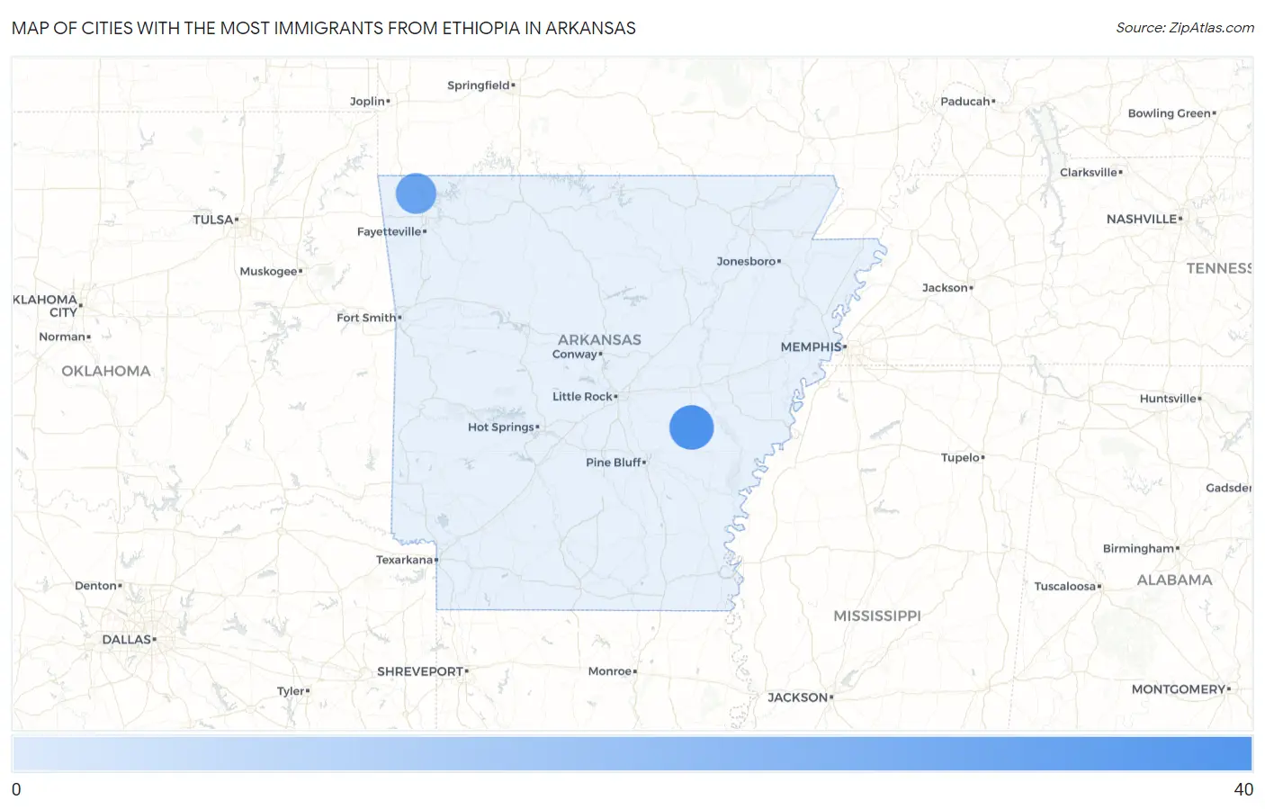 Cities with the Most Immigrants from Ethiopia in Arkansas Map