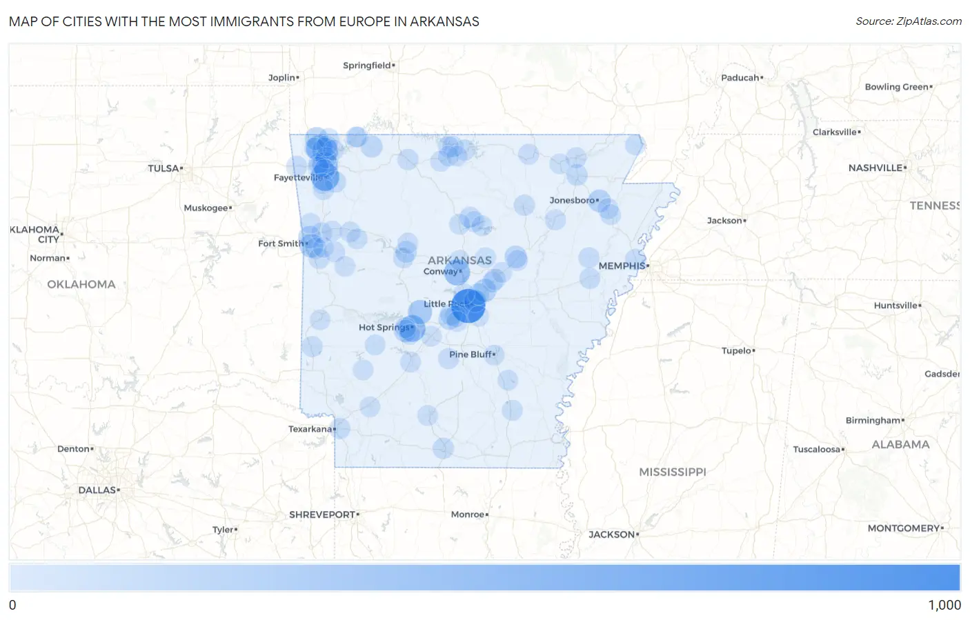 Cities with the Most Immigrants from Europe in Arkansas Map