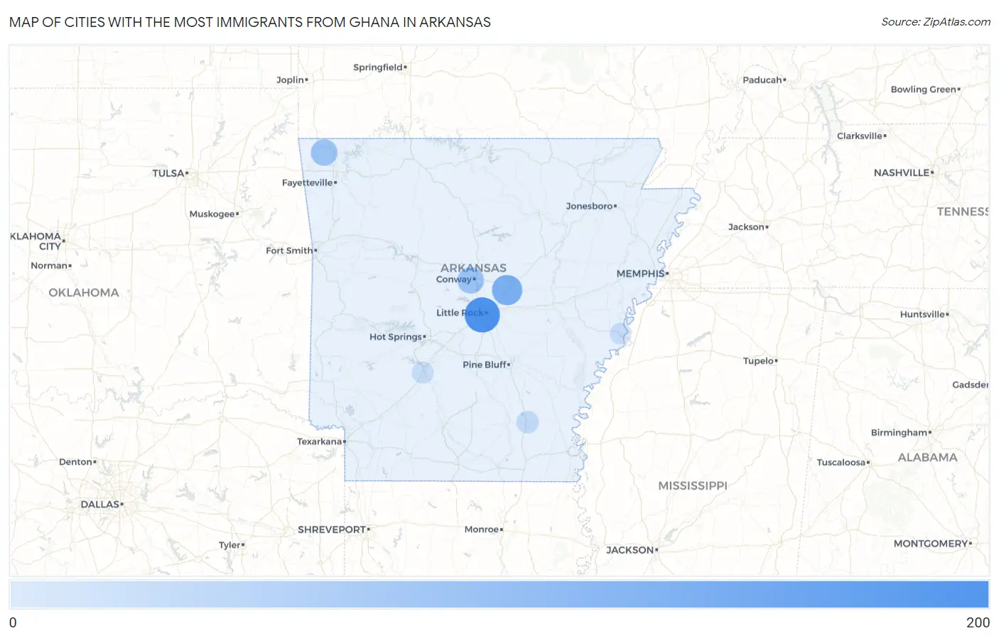 Cities with the Most Immigrants from Ghana in Arkansas Map