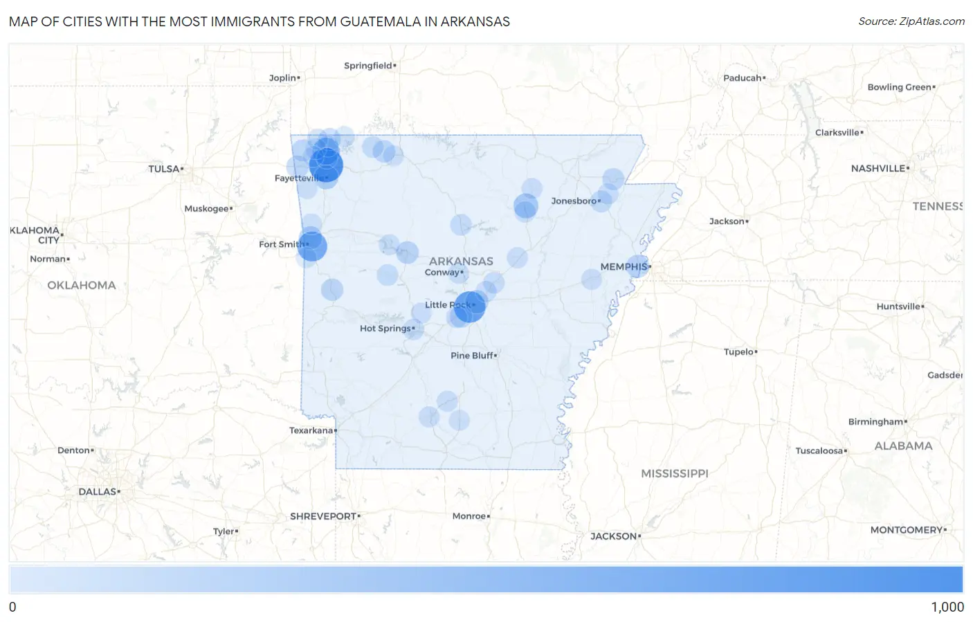 Cities with the Most Immigrants from Guatemala in Arkansas Map