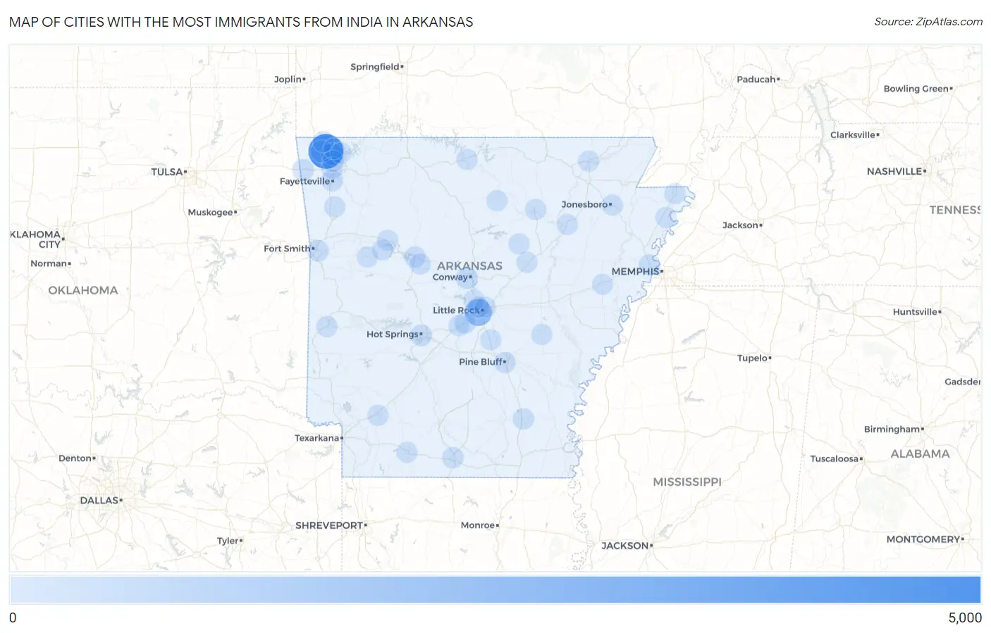 Cities with the Most Immigrants from India in Arkansas Map
