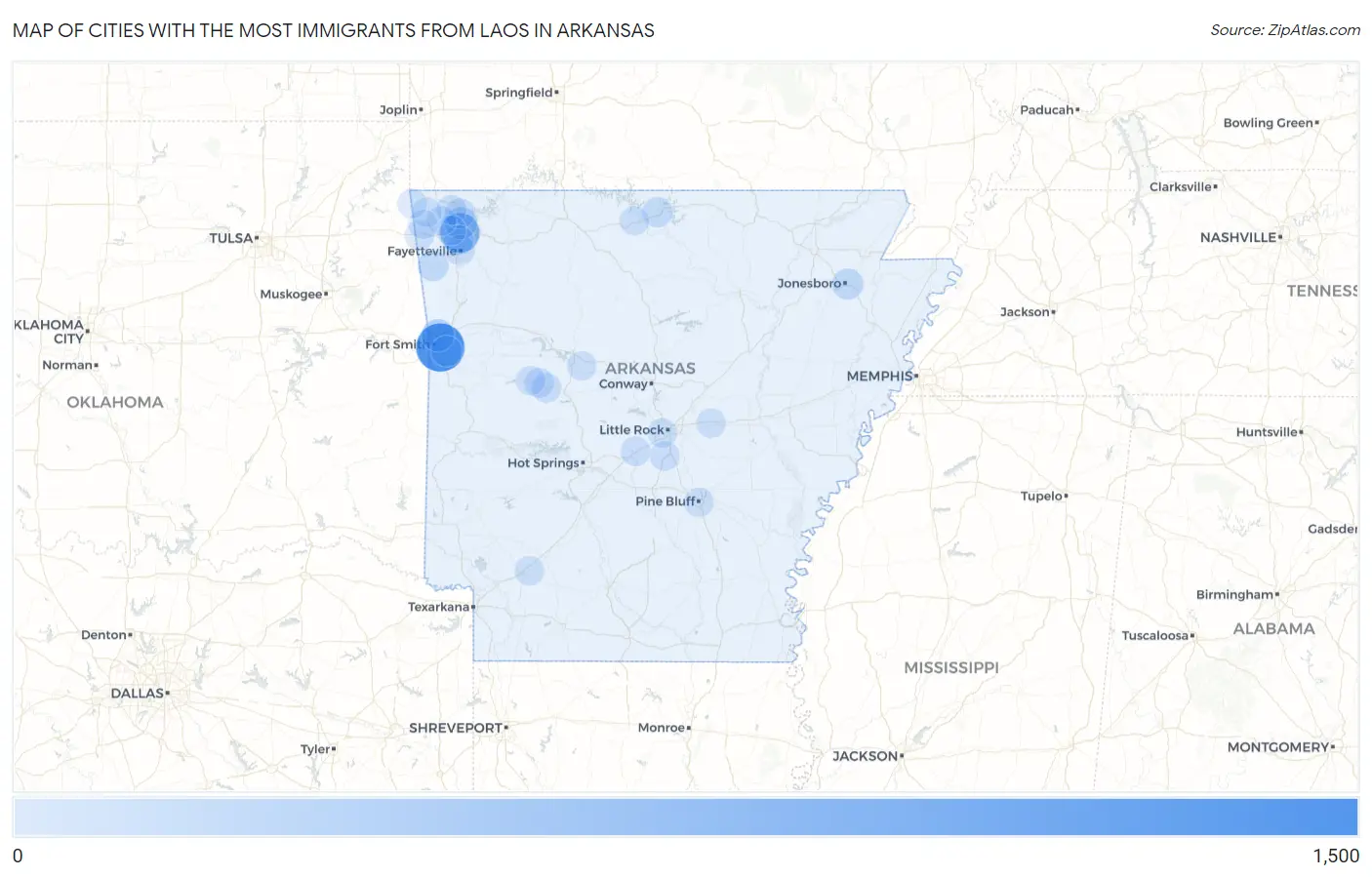 Cities with the Most Immigrants from Laos in Arkansas Map