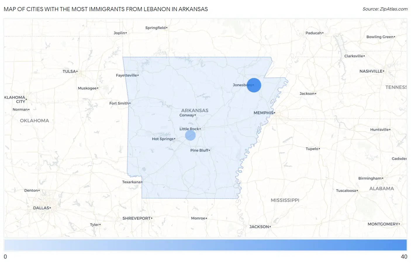 Cities with the Most Immigrants from Lebanon in Arkansas Map