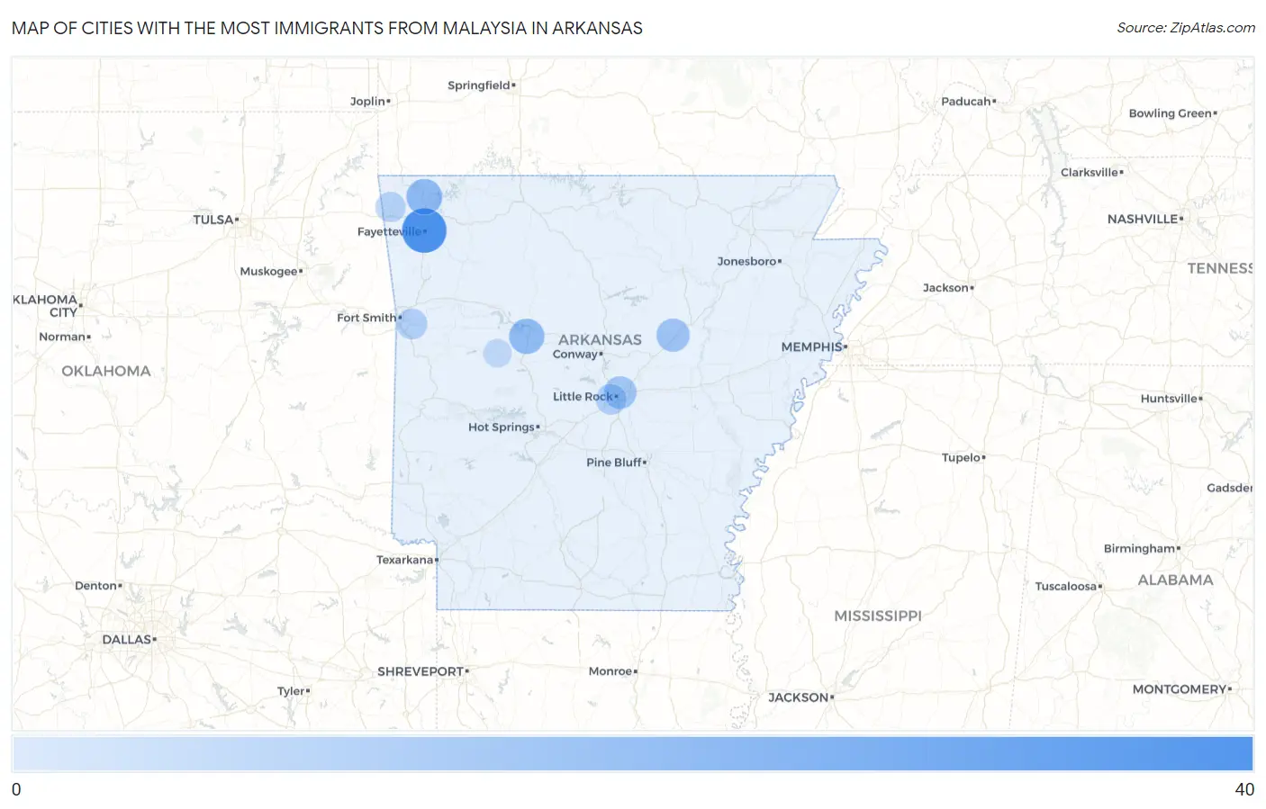 Cities with the Most Immigrants from Malaysia in Arkansas Map