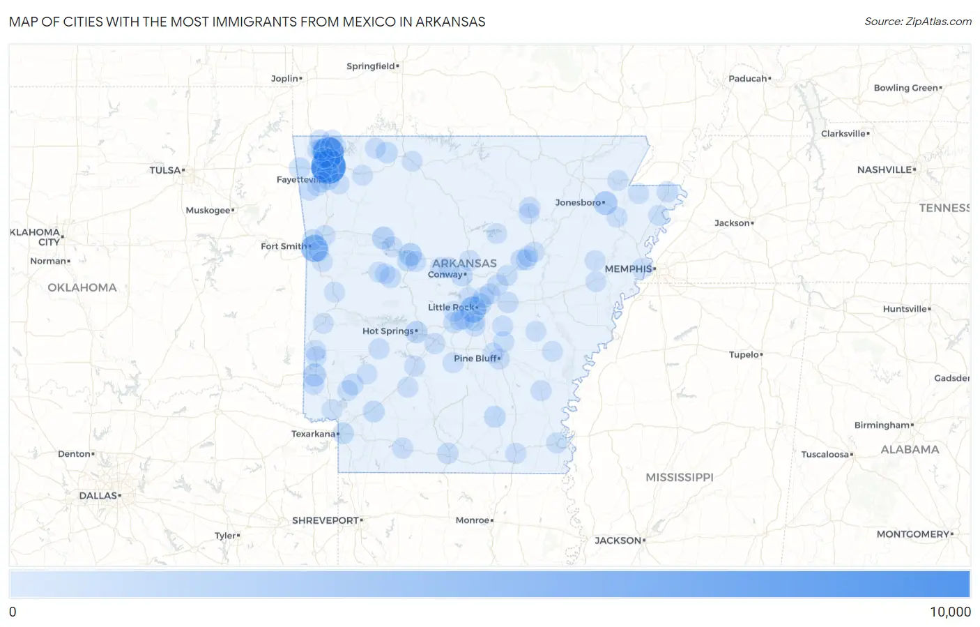 Cities with the Most Immigrants from Mexico in Arkansas Map