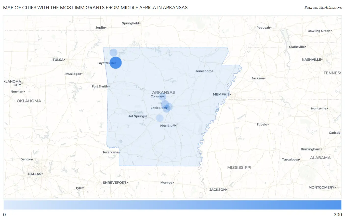 Cities with the Most Immigrants from Middle Africa in Arkansas Map