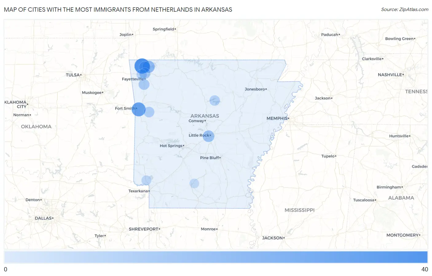 Cities with the Most Immigrants from Netherlands in Arkansas Map