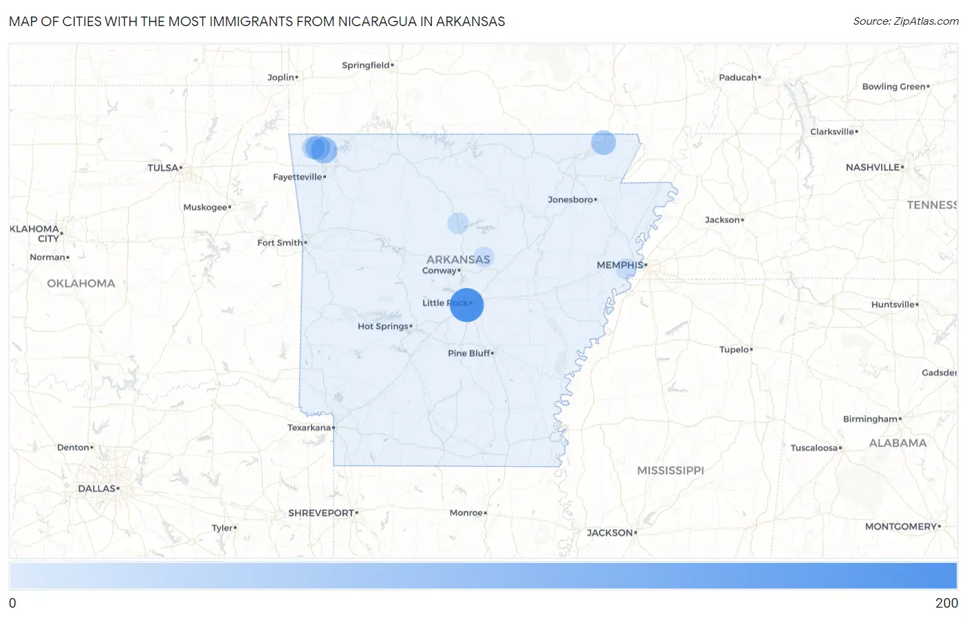Cities with the Most Immigrants from Nicaragua in Arkansas Map