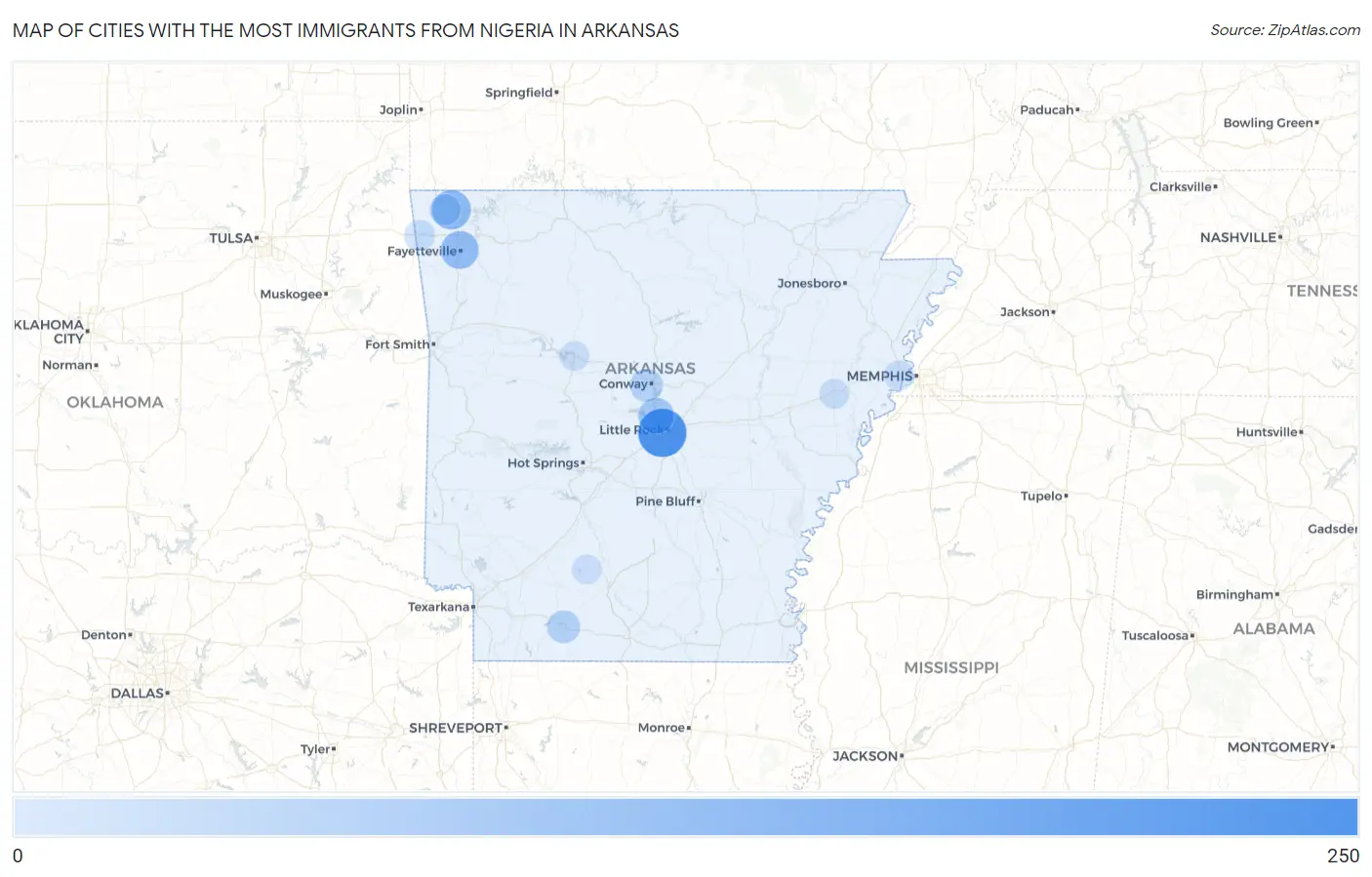 Cities with the Most Immigrants from Nigeria in Arkansas Map